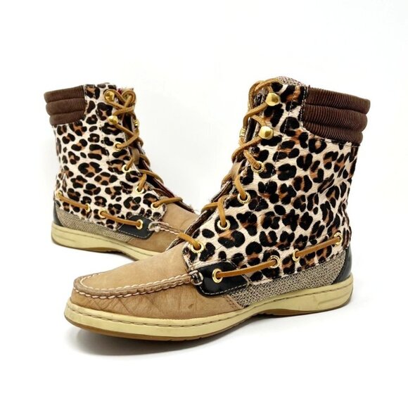 Sperry Topsider Hikerfish Leather Leopard Print Calf Hair Boots. Size 6 - Picture 3 of 13